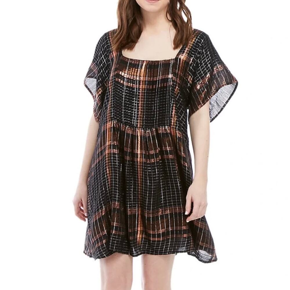 Free People Barcelona Shimmer Plaid Mini Dress - Black Pink Metallic - Size XS